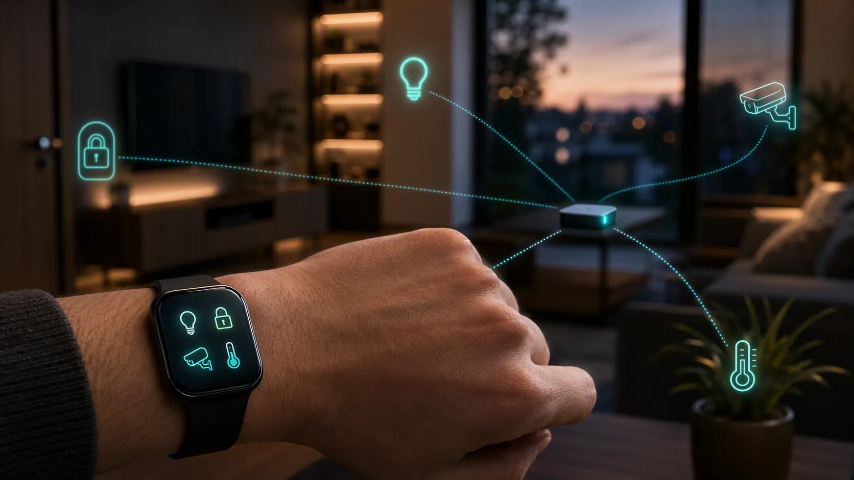 Smartwatch controlling lights, lock, camera, and thermostat through a glowing home hub node
