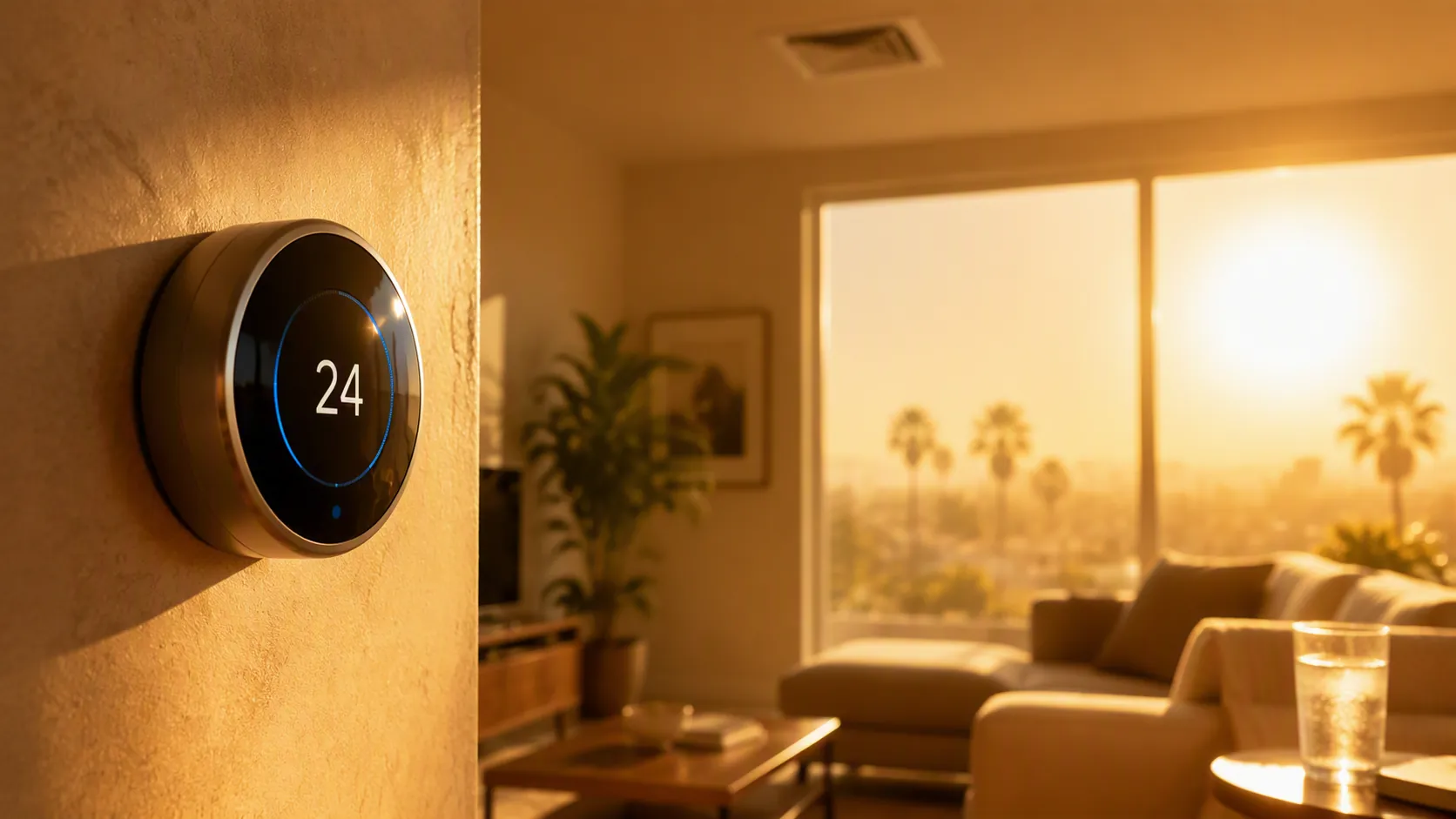 Smart thermostat on a wall in a bright living room during a heatwave