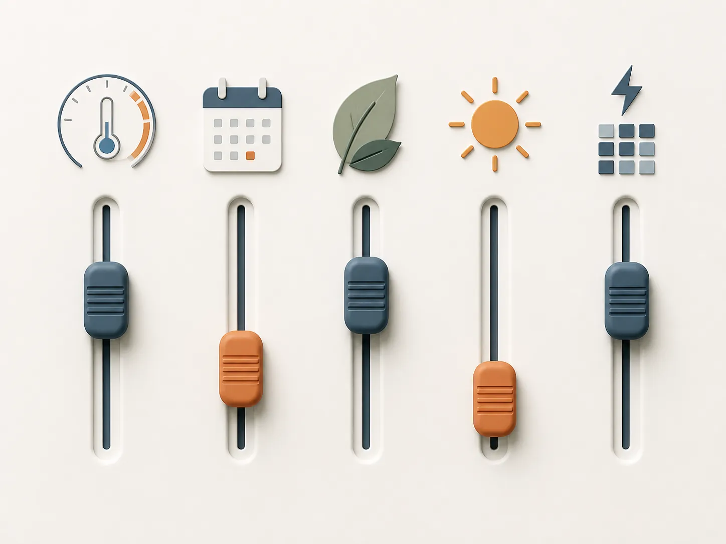 Five abstract thermostat savings levers for temperature, schedule, eco mode, pre-cooling, and demand response