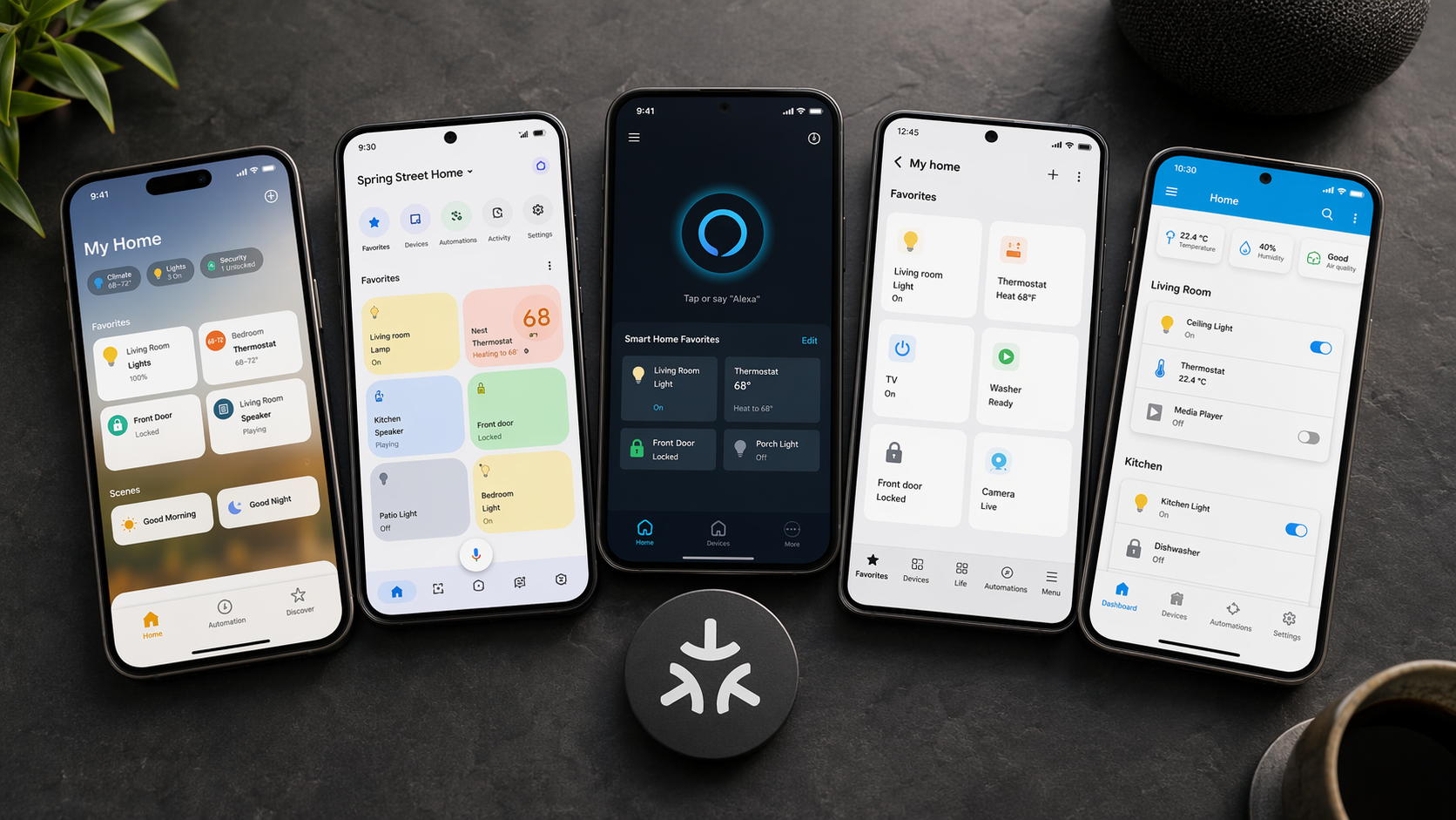 Five smartphones showing different smart home apps around a Matter badge
