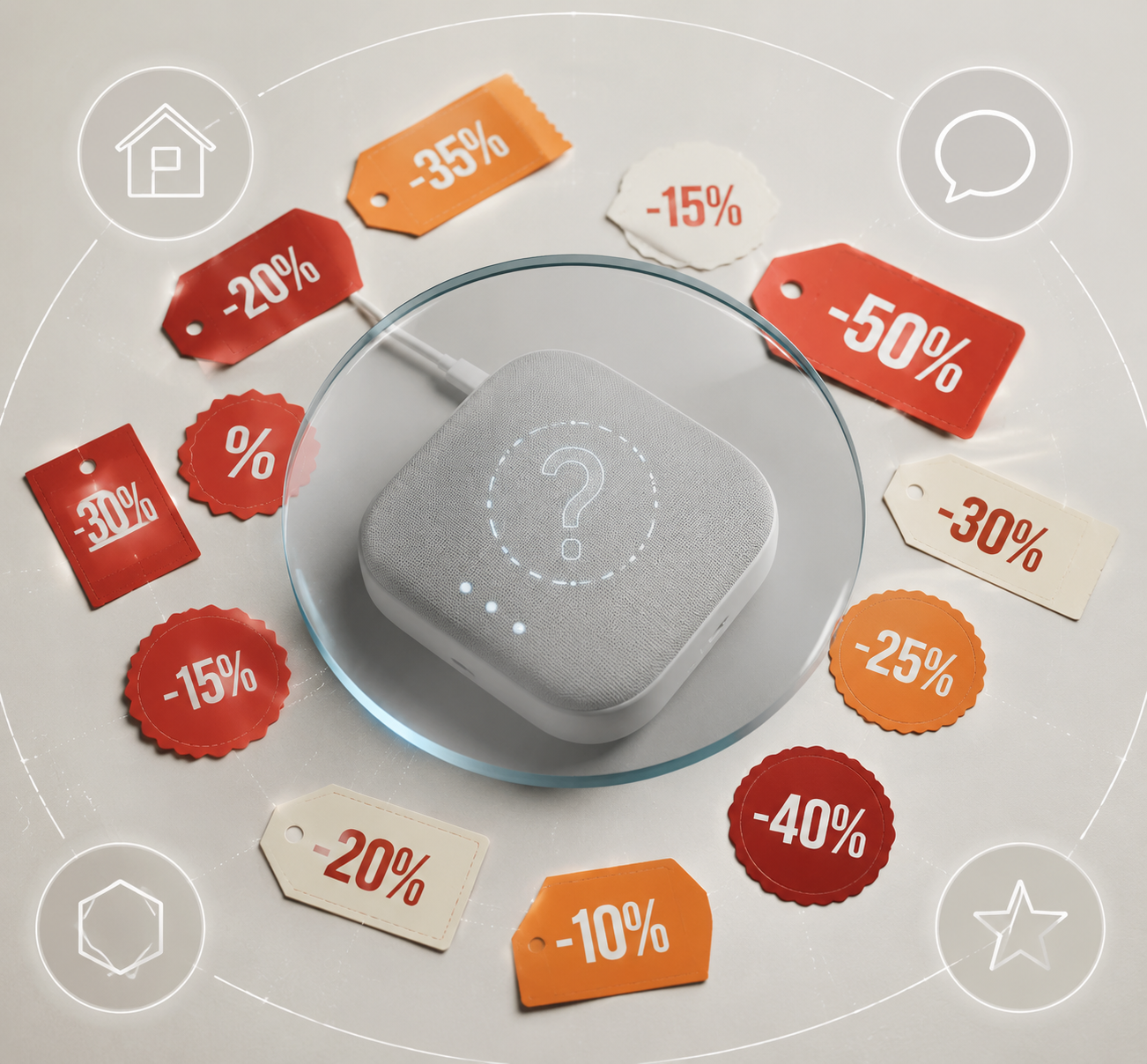 Smart home hub surrounded by discount tags under a compatibility filter