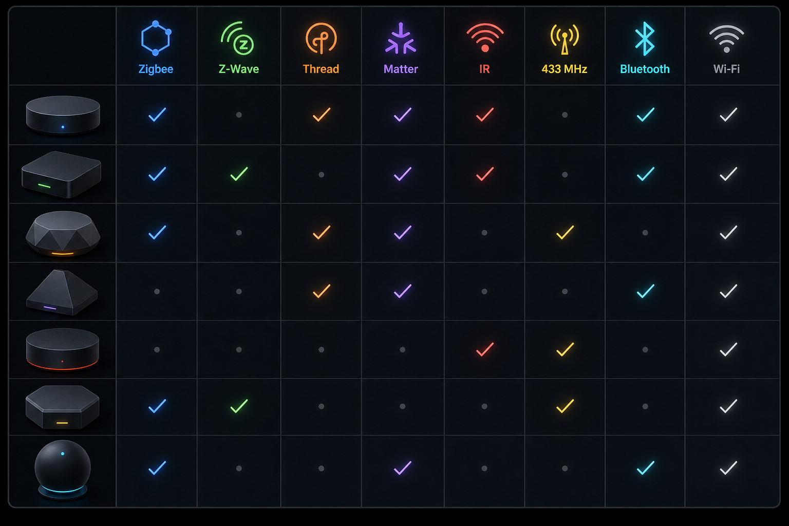 Comparison matrix showing 7 controller icons vertically and 8 protocol icons horizontally with check marks indicating support.