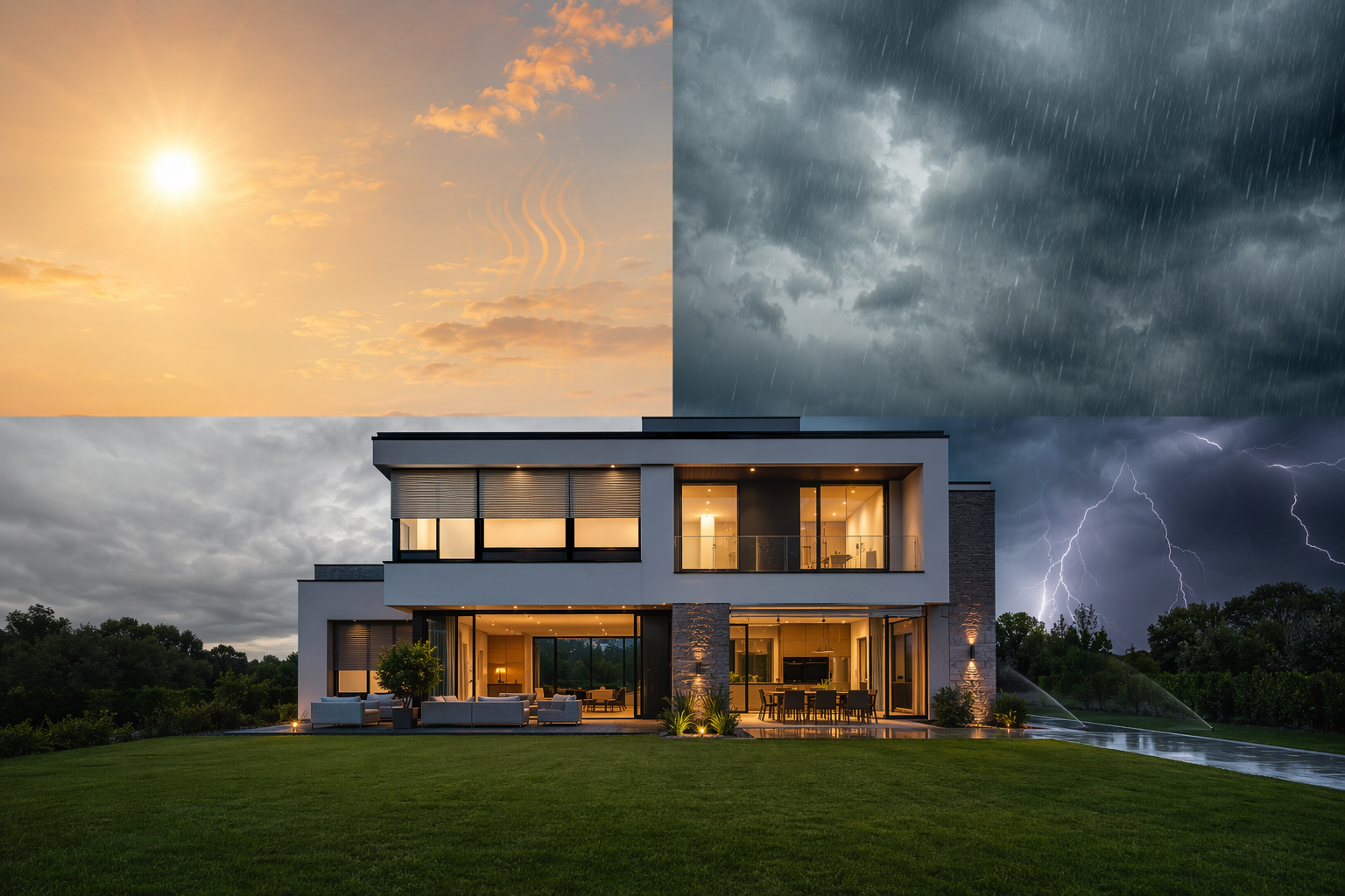 Modern smart home shown under sun, rain, overcast sky, and lightning with blinds, lights, and irrigation reacting to weather