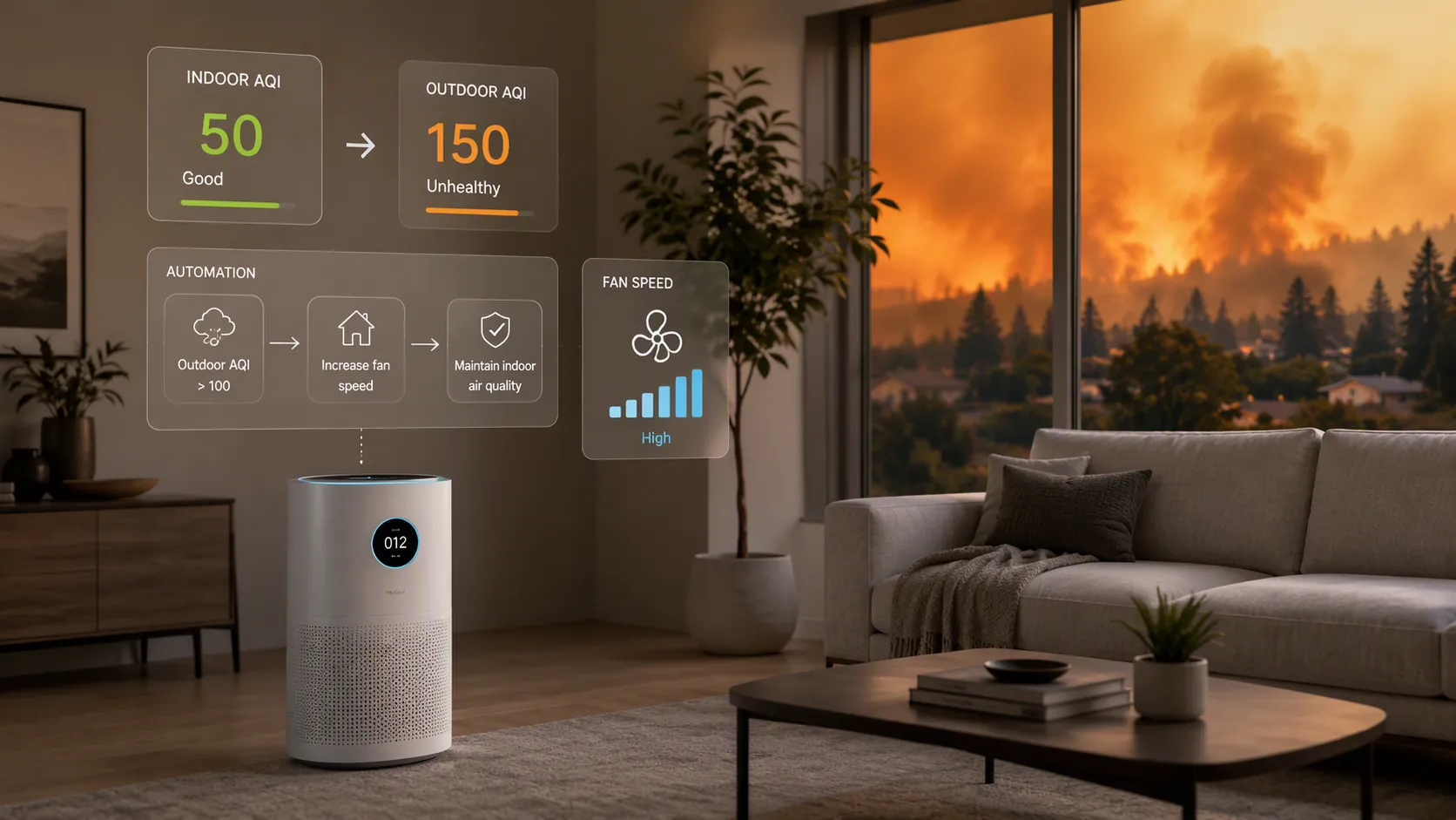 Modern living room with an air purifier, AQI panels, fan-speed indicators, and wildfire smoke outside the window