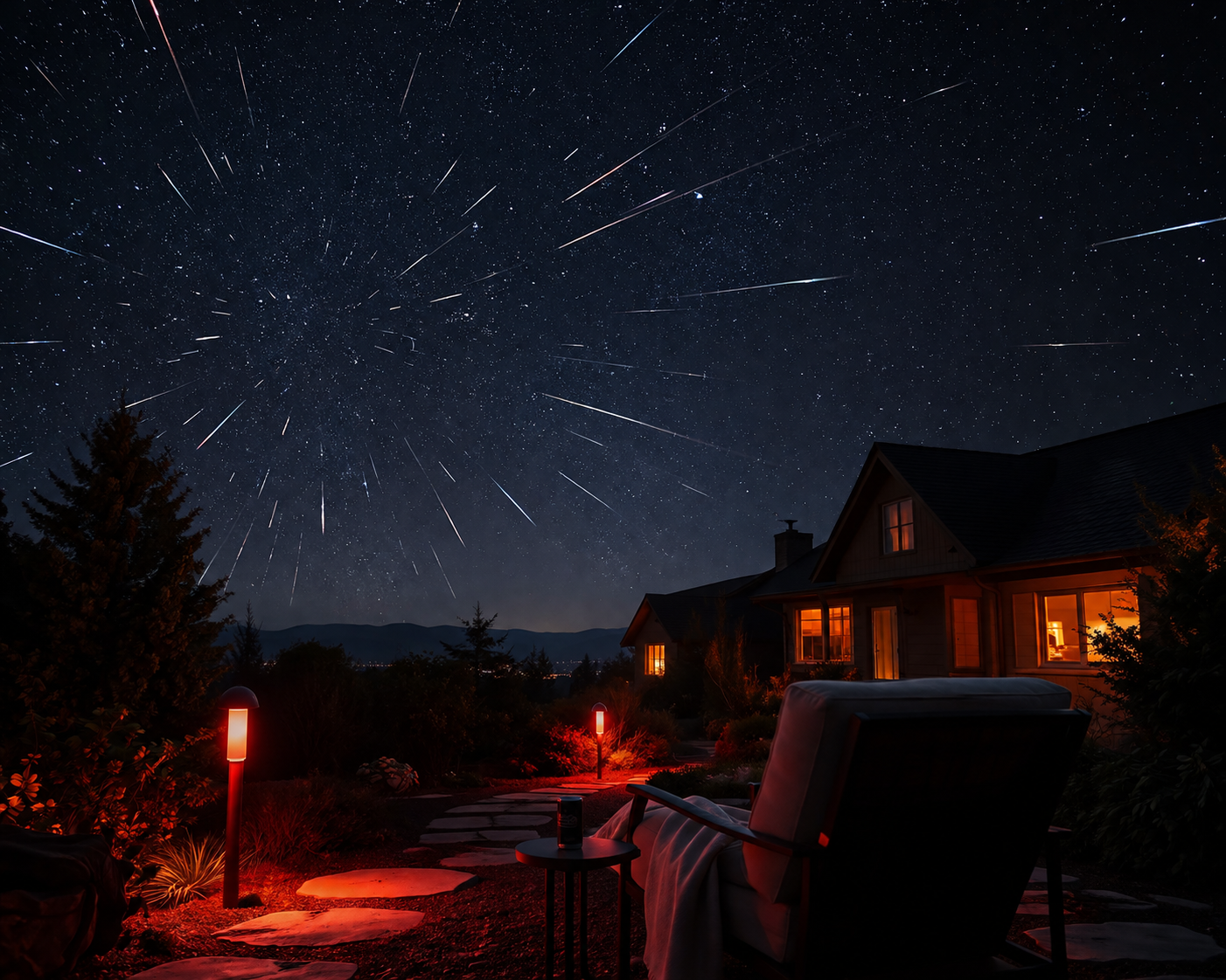 Backyard at night with lounge chair, dim red outdoor smart lights, and meteors crossing a starry sky