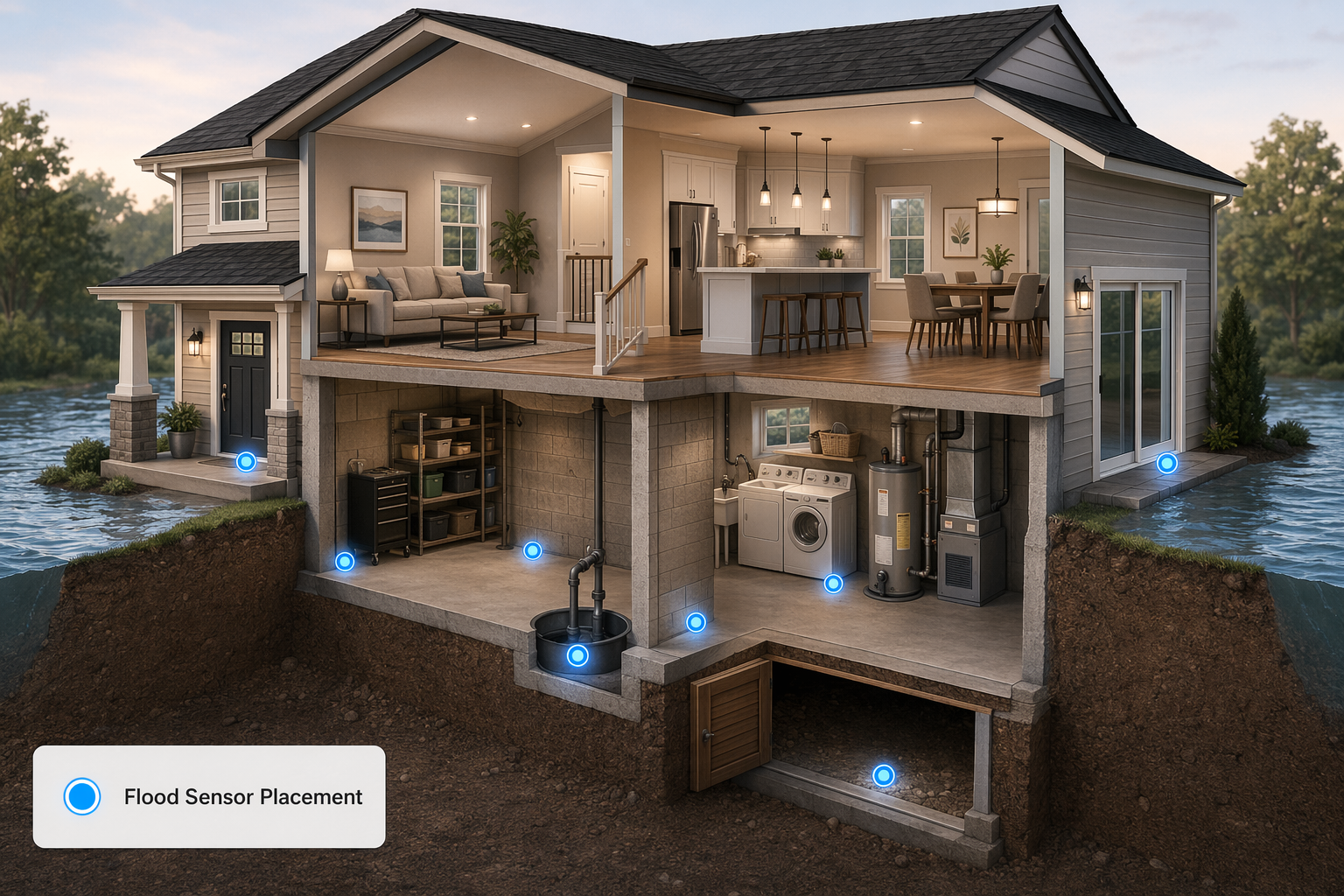 Cutaway home showing flood sensor placement at doors, basement edges, sump pit, laundry room, and crawlspace access