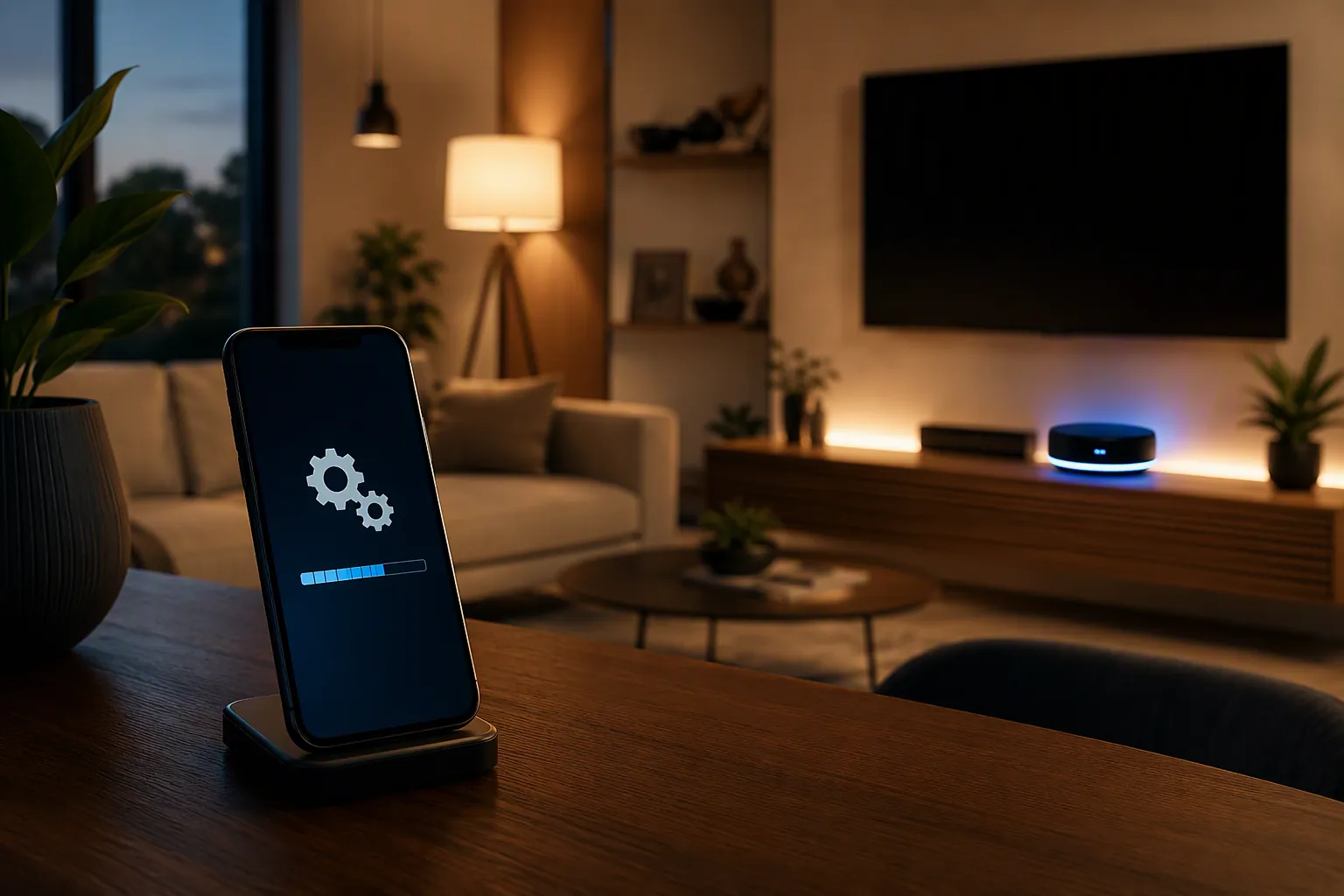 Phone software update screen with a glowing home hub in a modern living room