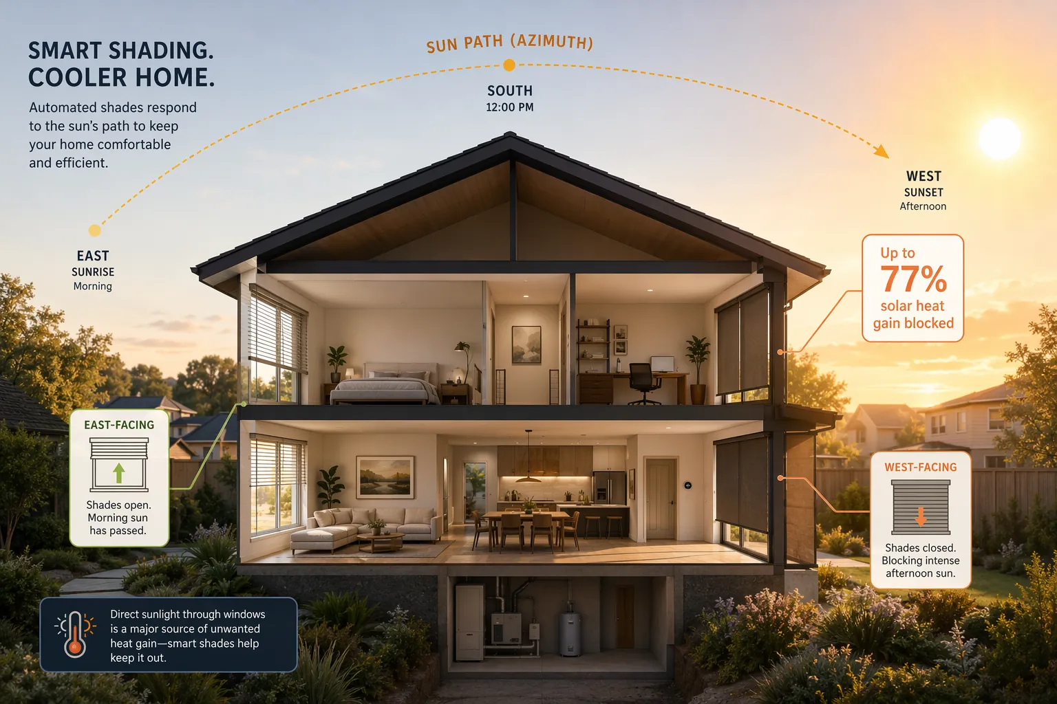 House diagram showing sun azimuth from east to west and west-facing smart blinds closed against afternoon heat