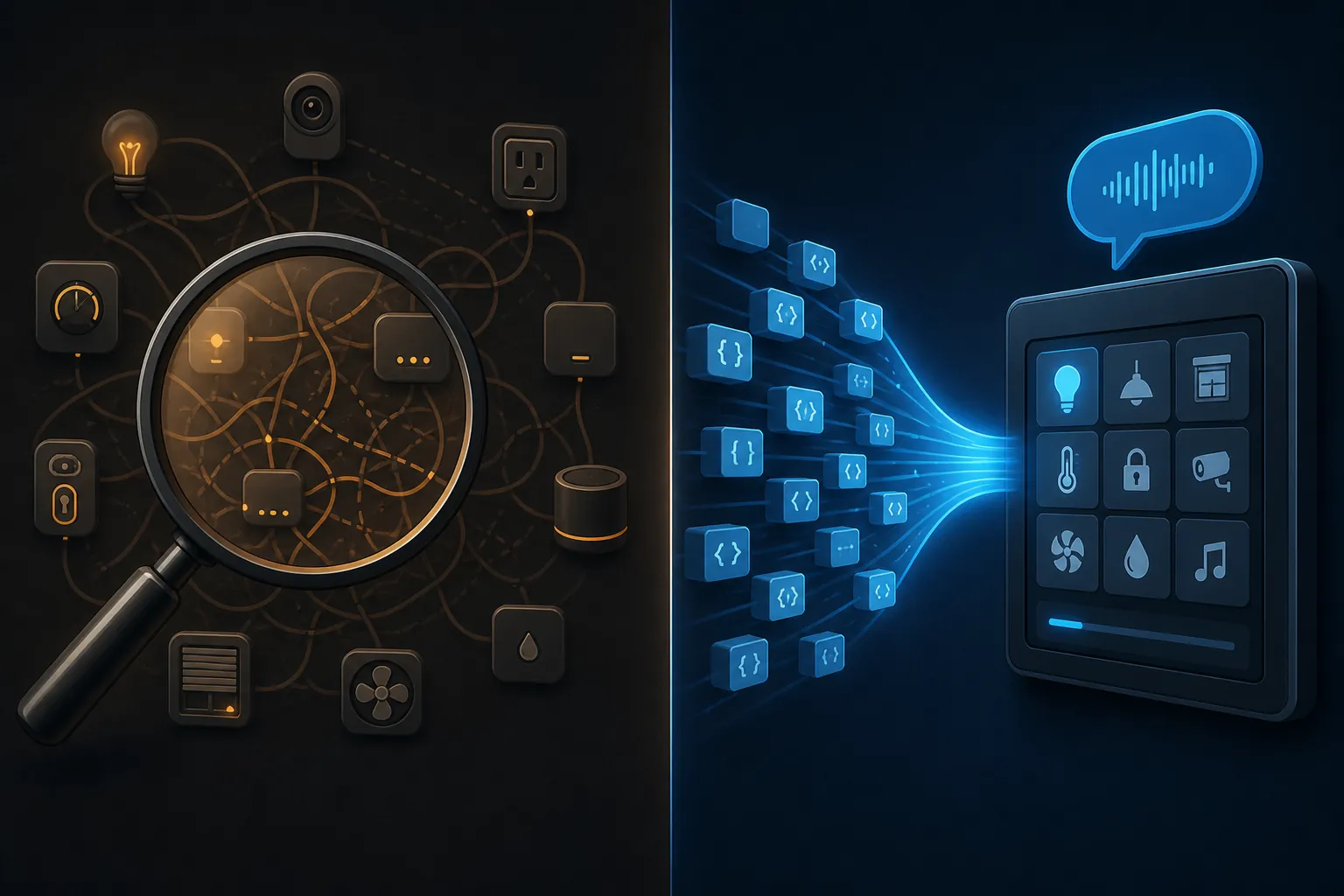 Split comparison of AI diagnosis and cleanup on one side and automation generation with voice control on the other