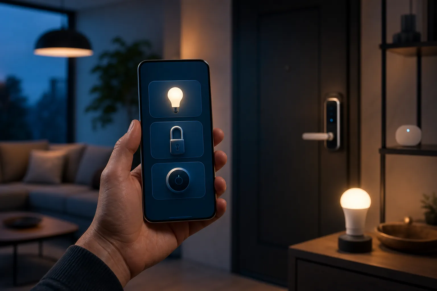 A hand holding a smartphone with smart home control tiles in a living room