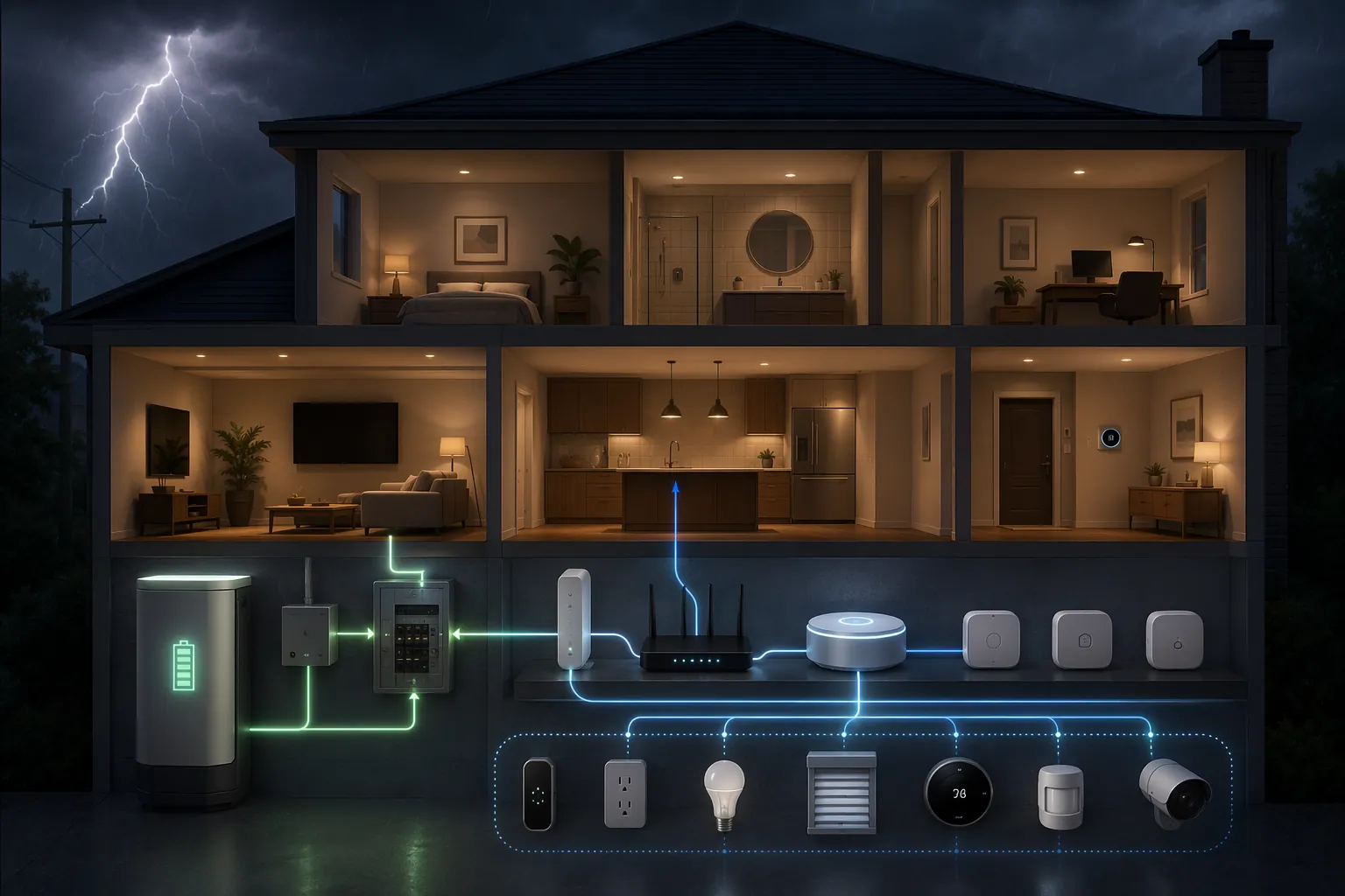 House cross-section showing battery backup connected to a critical loads panel, modem, router, smart home hub, and wireless bridges during an outage