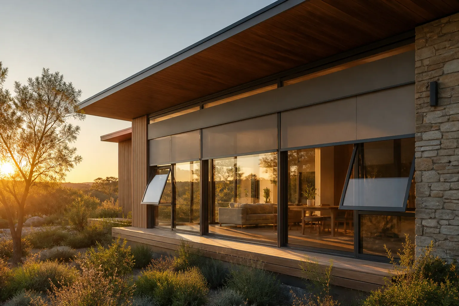 Modern bioclimatic house with automated external blinds, deep roof overhang, large glass facade, and open windows for cross-ventilation