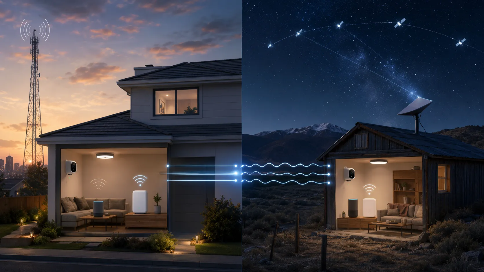 Split comparison of a suburban smart home using cellular internet and a rural smart home using Starlink
