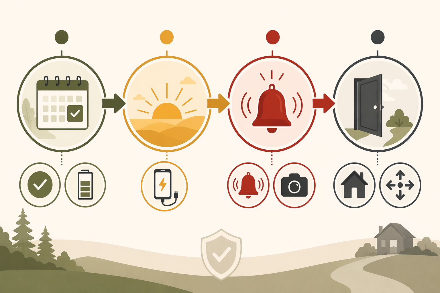 Four-phase smart home Red Flag Warning preparedness timeline from week-before verification to evacuation execution