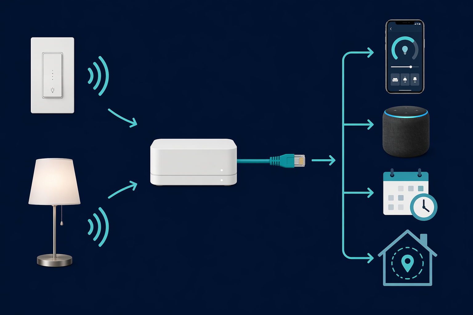 System diagram showing Caséta devices communicating by radio to a hub, then to app, voice, schedules, and geofencing