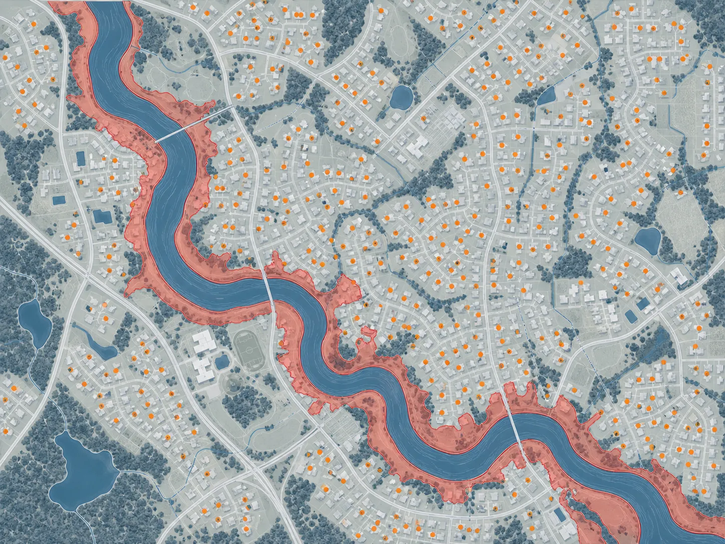 Stylized neighborhood map showing FEMA-style flood zones near a river and scattered homes with unmapped rainfall-driven flood risk