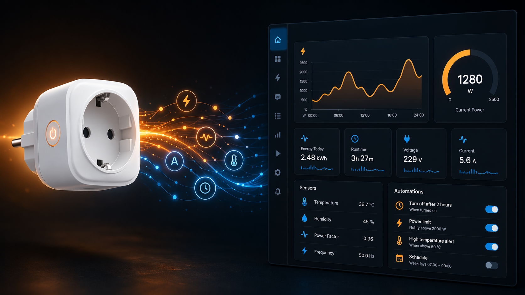 Smart plug feeding energy data into a Home Assistant-style dashboard