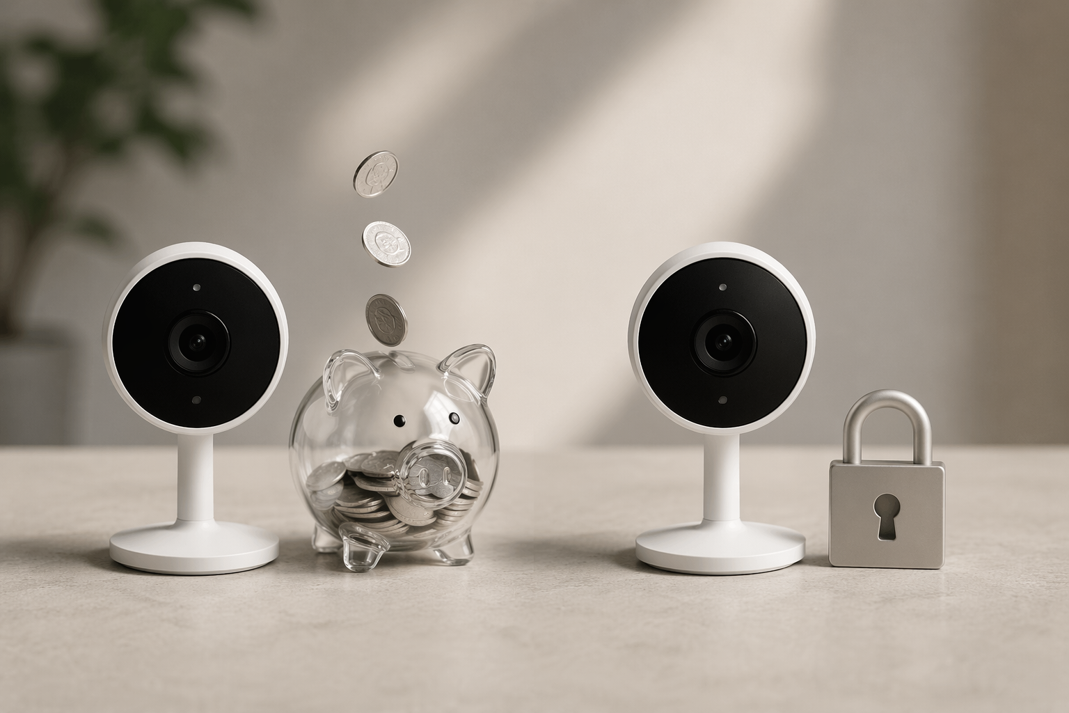 Two security cameras shown side by side, one paired with a piggy bank filling with coins to suggest subscription costs and the other with a closed lock icon to suggest no subscription
