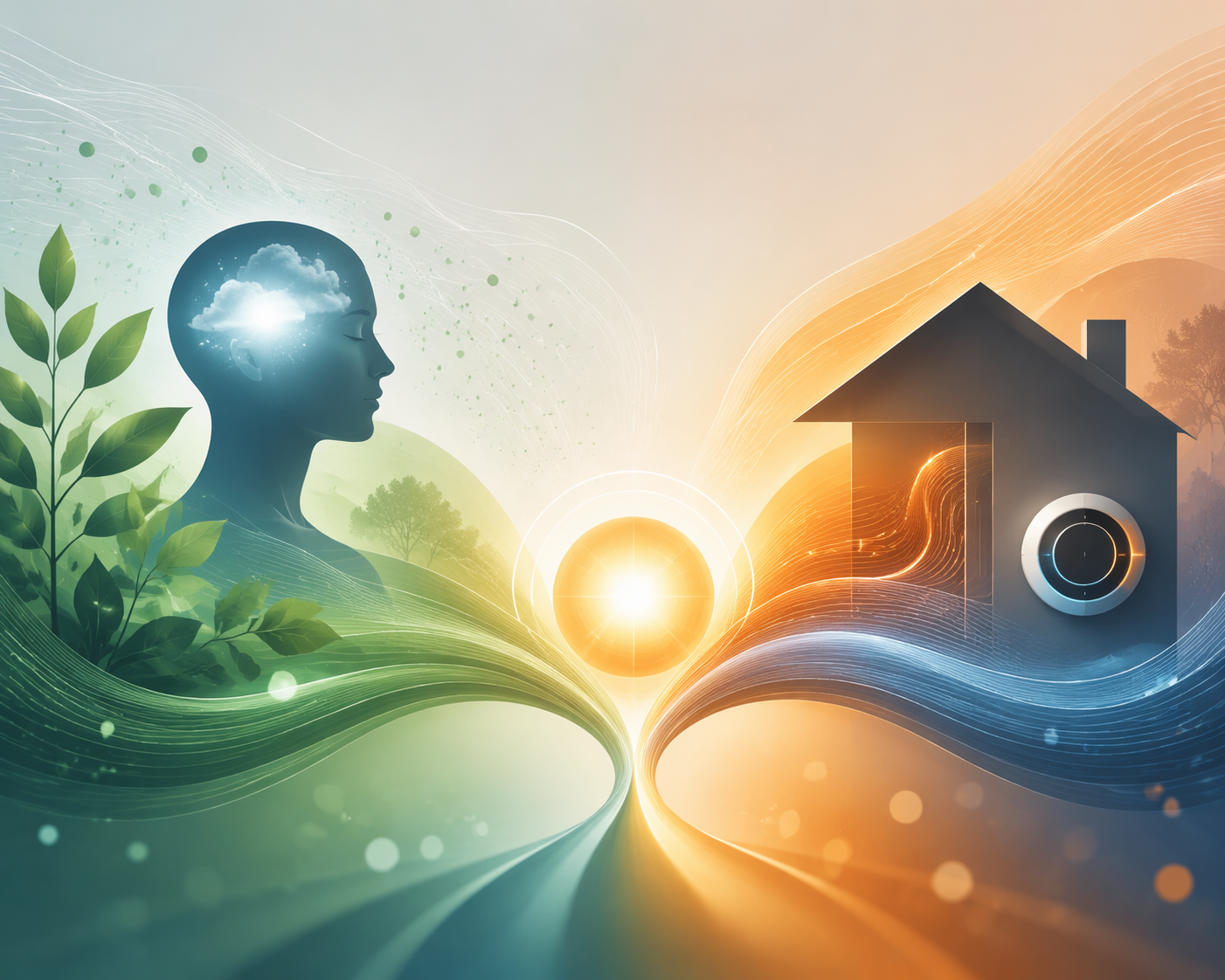 Conceptual visual of health and cognitive value converging with home energy efficiency