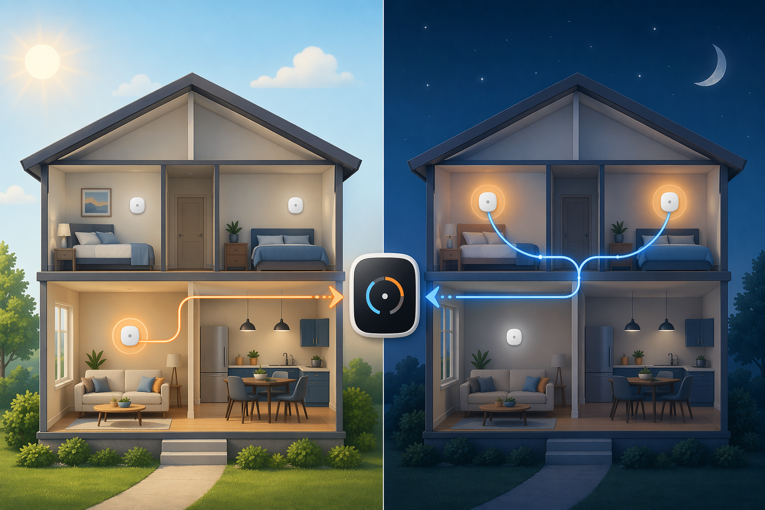 Two-story home illustration showing room sensor prioritization during daytime and nighttime