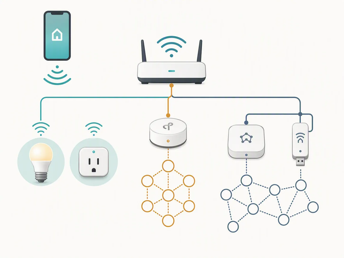 Diagram of phone Wi-Fi control paths alongside separate Thread and Zigbee or Z-Wave hubs