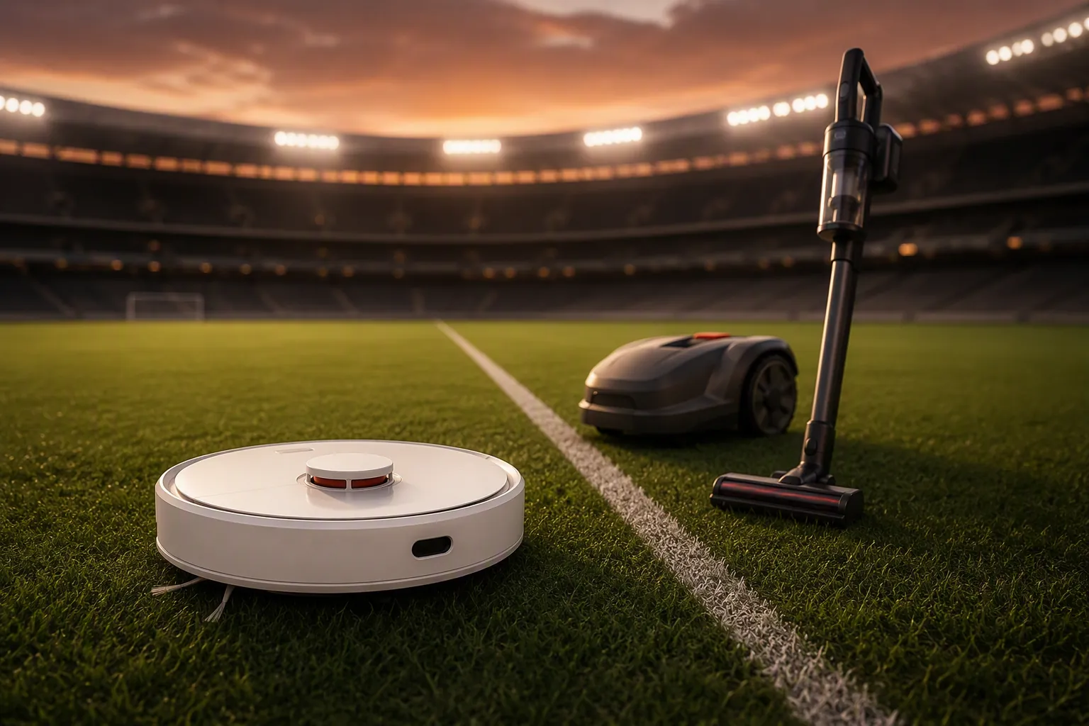 Premium white robotic vacuum on a football pitch separated from a robotic lawn mower and stick vacuum outside the marked zone