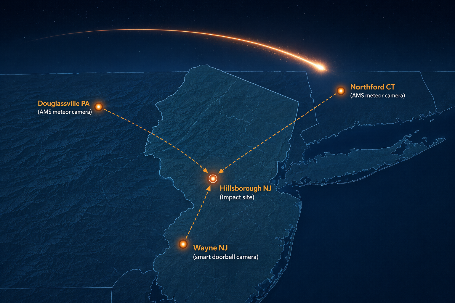 Map illustration showing Wayne New Jersey, Northford Connecticut, Douglassville Pennsylvania, and Hillsborough New Jersey connected by triangulation lines