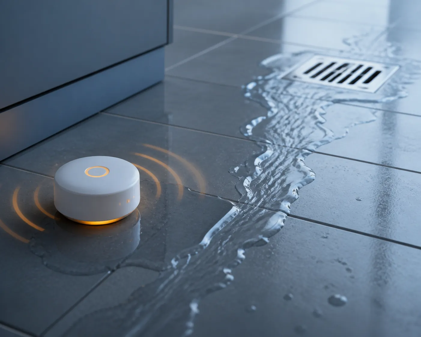 A puck-style leak sensor alerts beside a puddle while water continues flowing past it