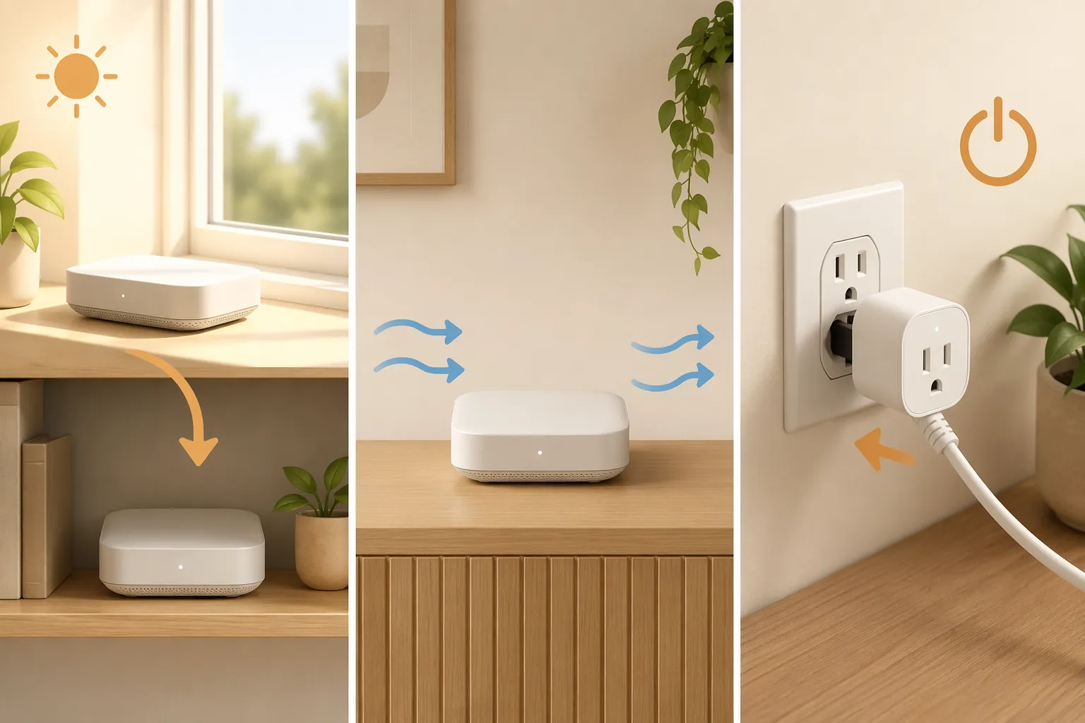Three-panel illustration of moving a hub to shade, giving it airflow, and unplugging a smart plug