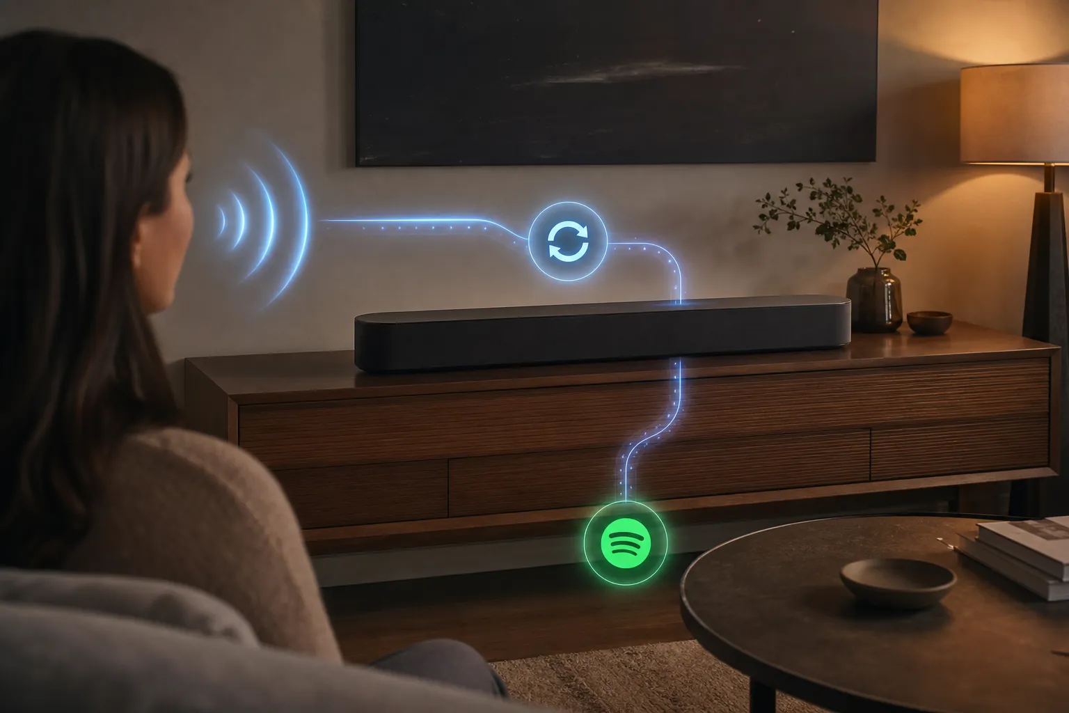 A Sonos speaker with a visual path from a voice assistant wake symbol through a relink icon to the speaker