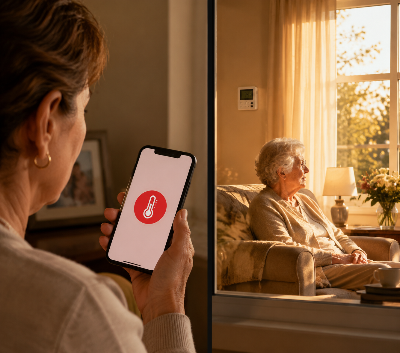 Remote caregiver receiving a red temperature alert while an older woman sits in a warm living room