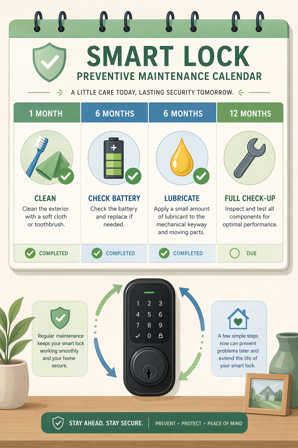 Flat-vector illustration of a wall calendar with smart lock maintenance reminders. Monthly entries show icons: cleaning cloth at month one, battery icon at six months, lubrication drop at six months, wrench checkup at twelve months. Checkmarks on completed tasks. A smart lock with subtle circular arrows at bottom center. Soft greens, blues, and warm accents.