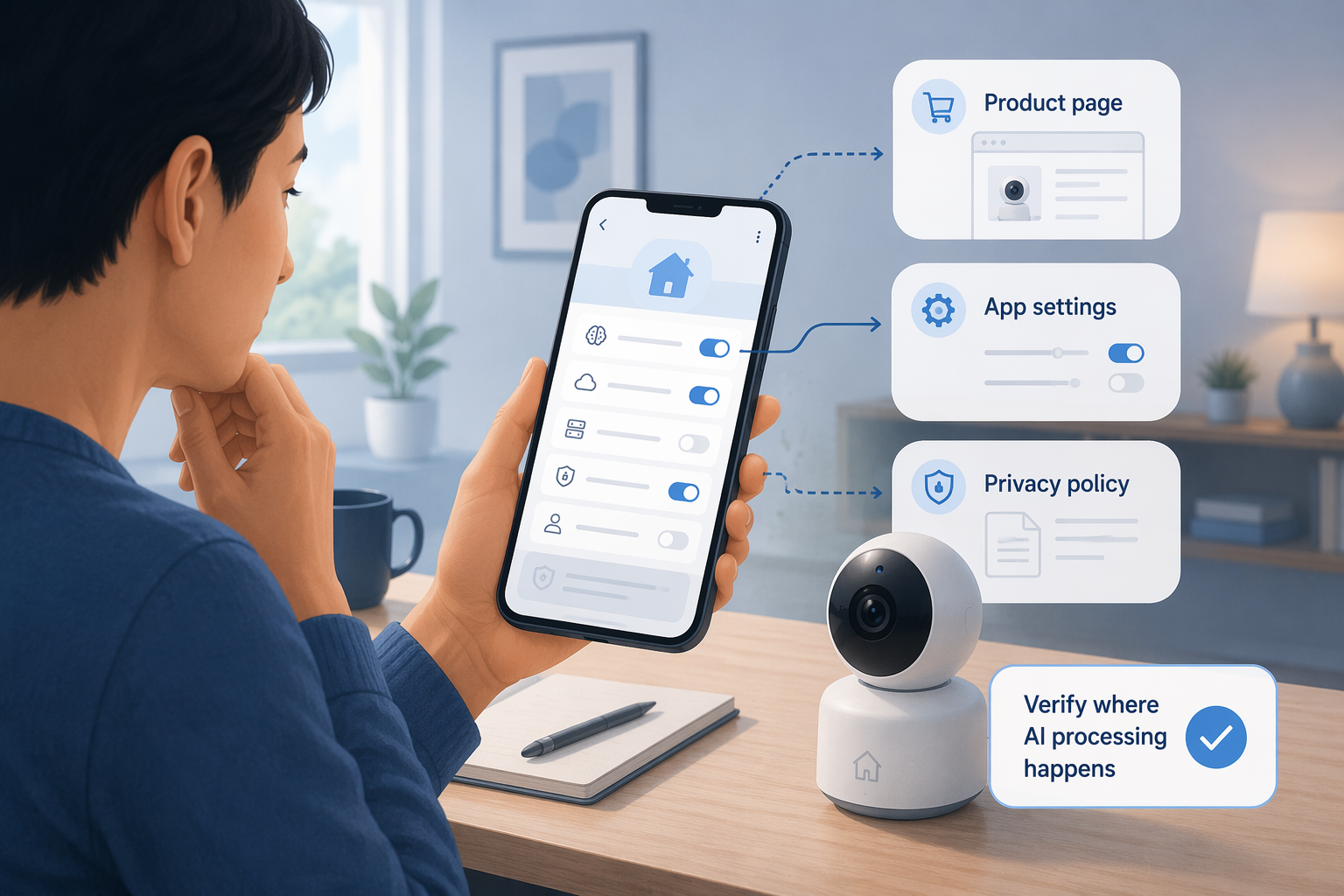 Person checking smart home app settings on a phone beside a smart camera during a privacy verification process