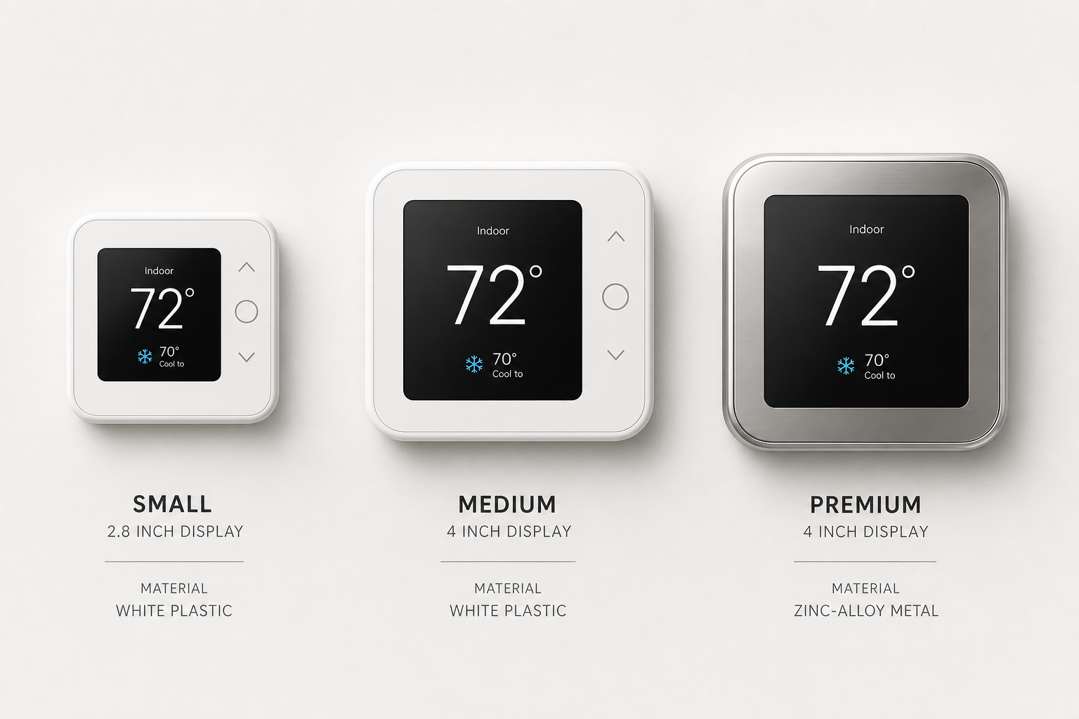 Three Ecobee smart thermostats displayed side by side: Essential, Enhanced, and Premium.