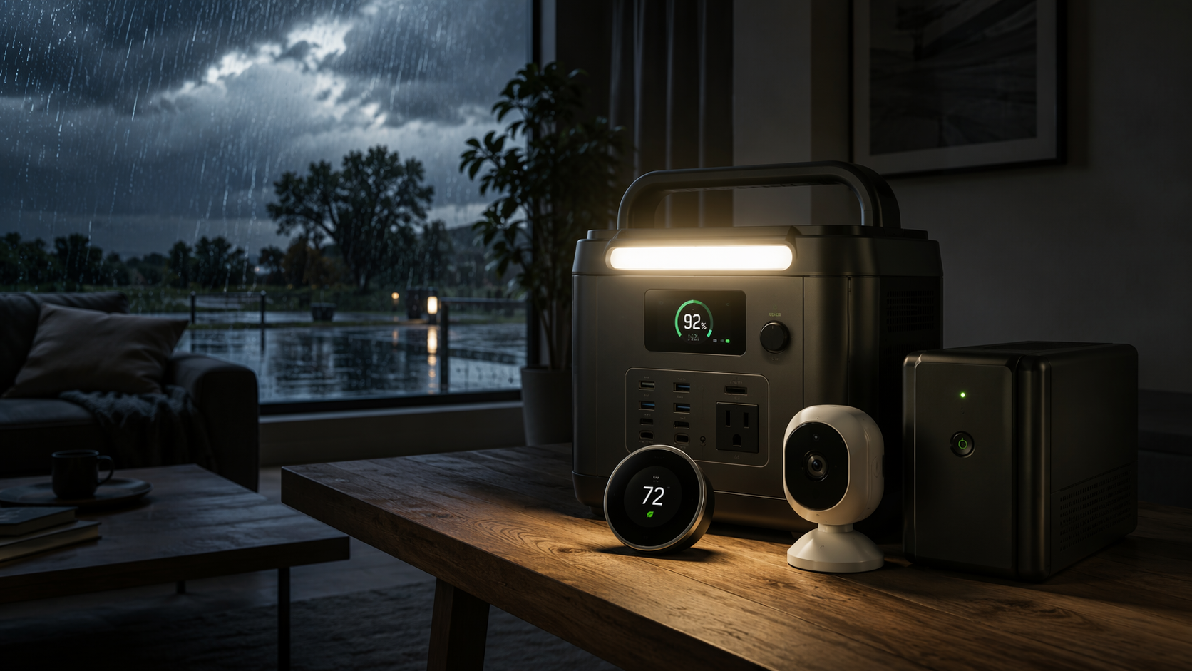 Portable power station, security camera, smart thermostat, and UPS arranged on a table during a storm