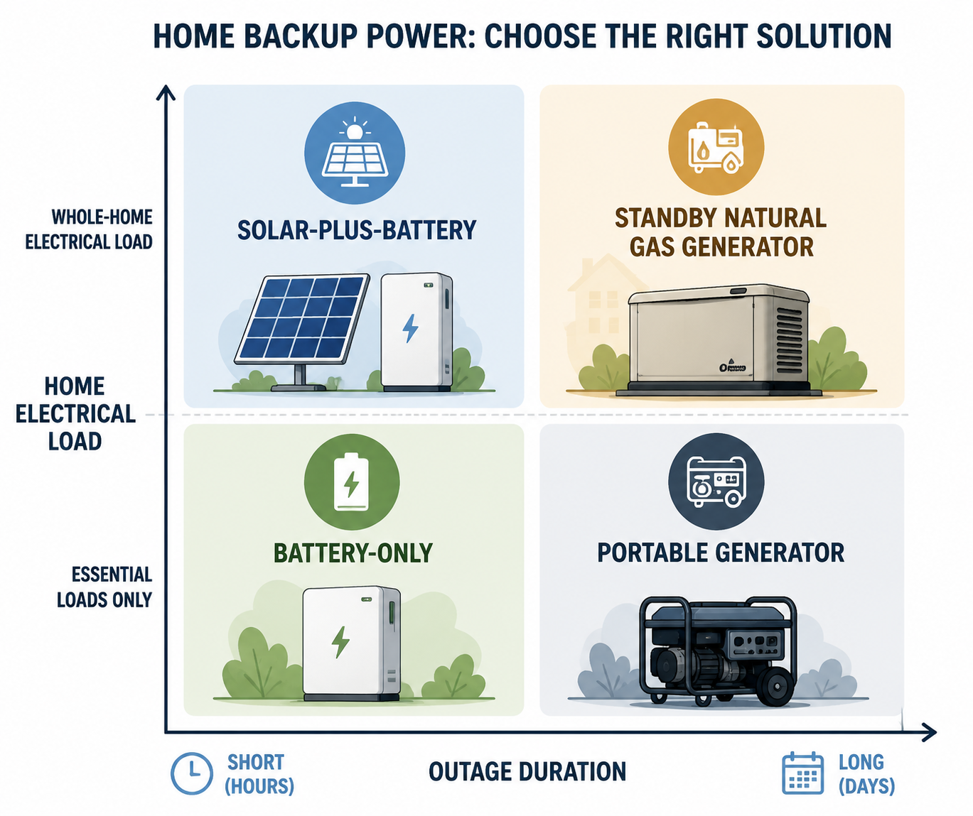 Decision framework chart comparing outage duration and home electrical load for battery, solar-plus-battery, portable generator, and standby generator choices