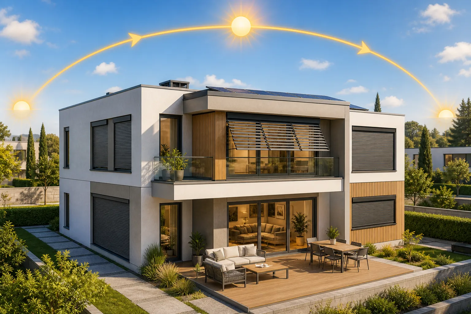 Modern house with motorized blinds set differently on each facade as the sun moves across the sky