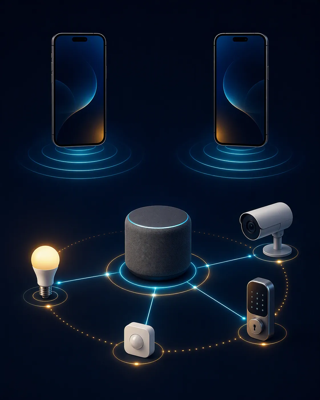 Two similar phones shown as controllers above a separate smart speaker acting as the smart-home hub