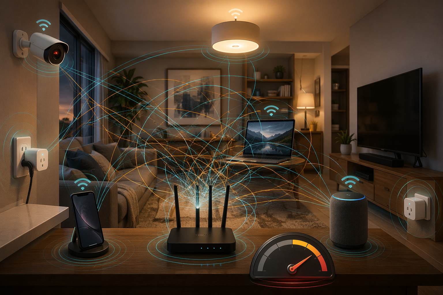 Smart home devices sending tangled Wi-Fi signals through a congested router area