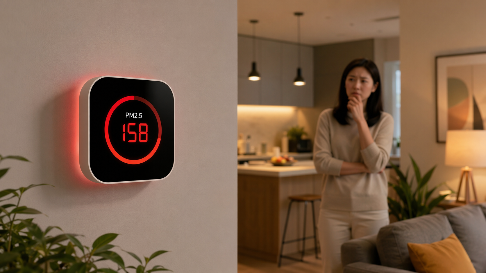 A smart air quality monitor in a modern home showing a high PM2.5 warning near a kitchen