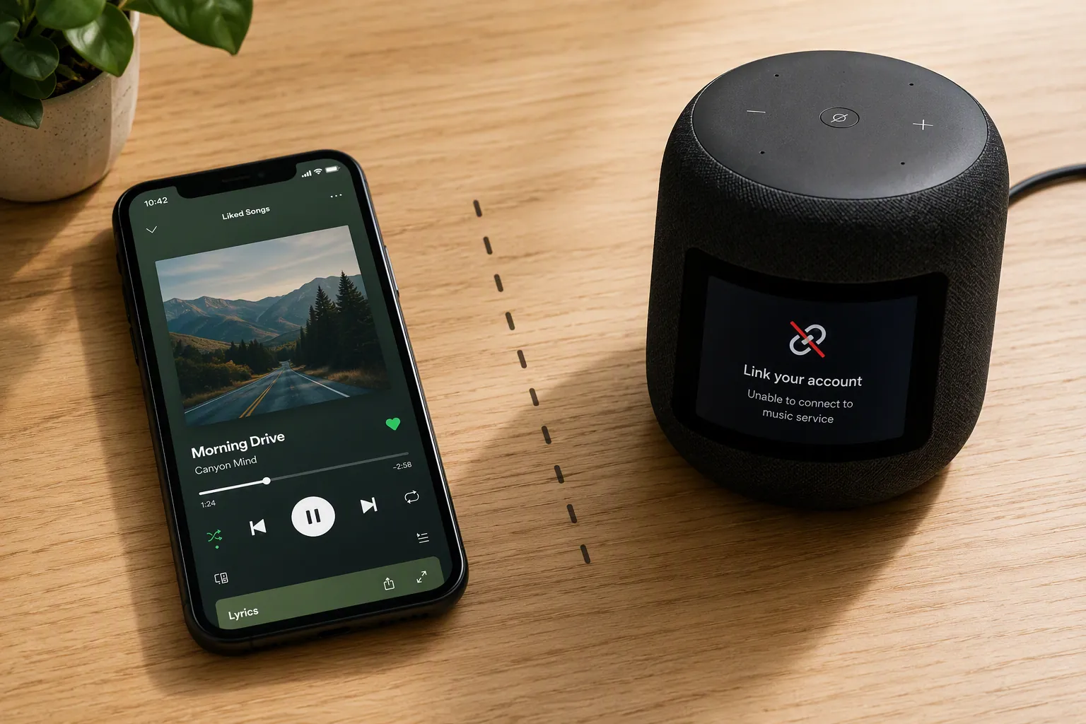 A phone playing Spotify beside a smart speaker showing a connection error