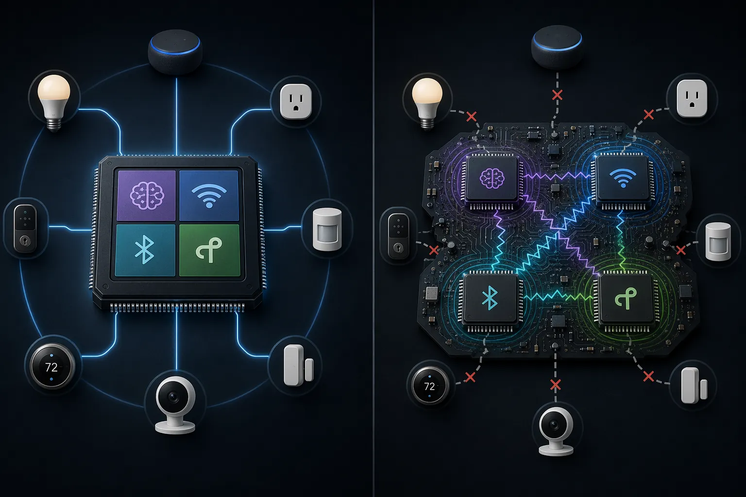 Comparison of single-die NPU Wi-Fi BLE Thread integration versus separate chips with interference