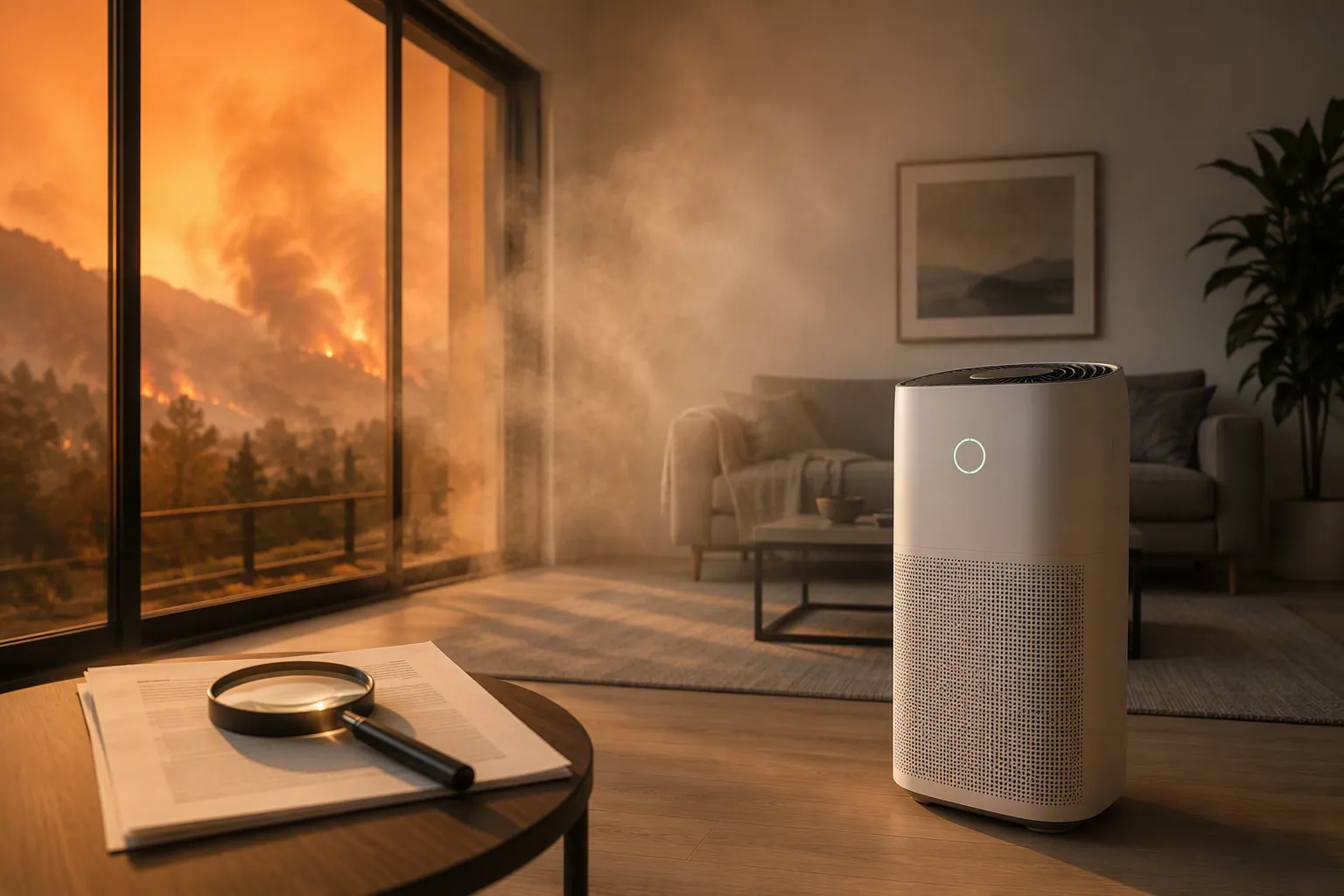 Air purifier in a smoky living room with a spec sheet being checked