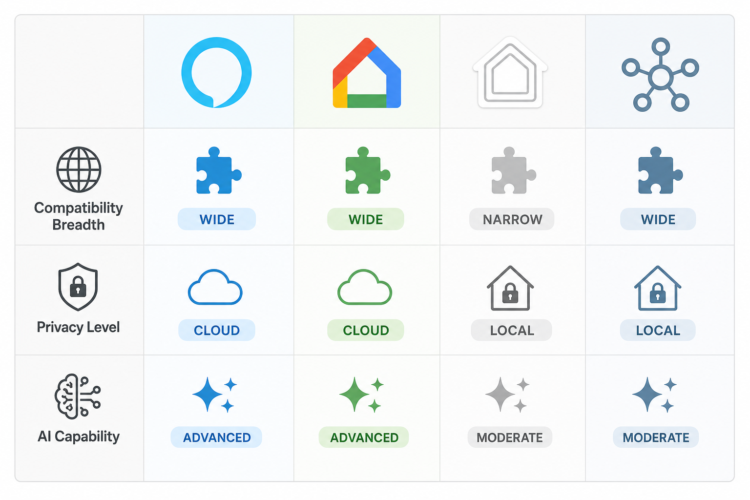 Editorial comparison diagram with four columns for Alexa, Google Home, Apple HomeKit, and SmartThings, showing visual badges for compatibility breadth, privacy processing mode, and AI capability.
