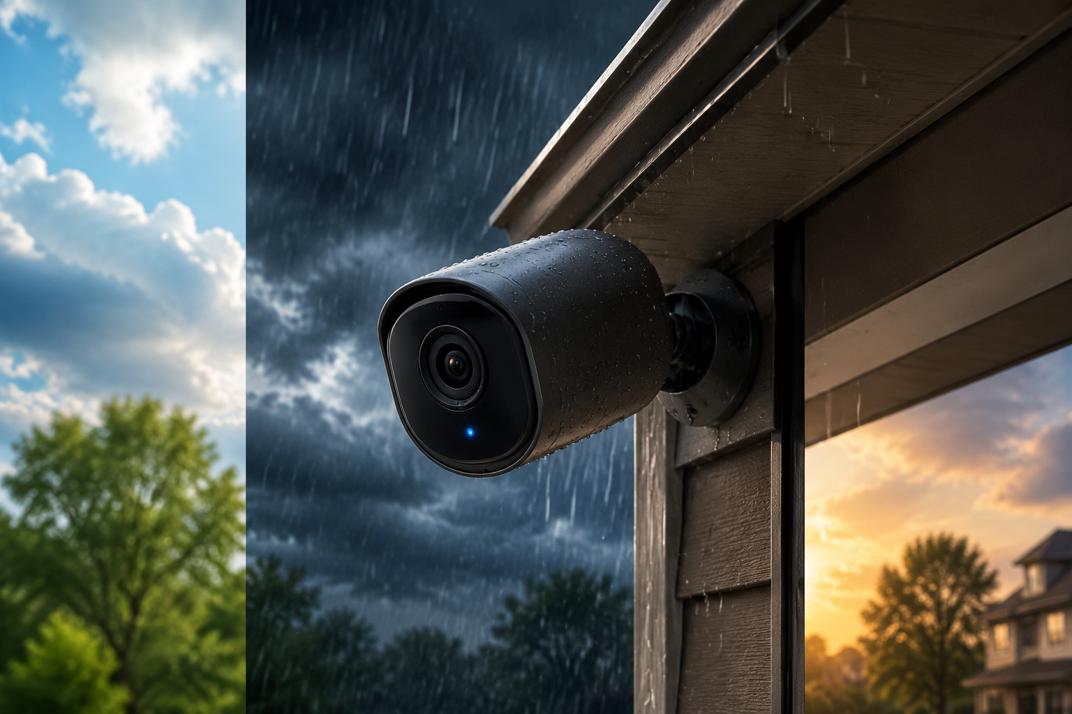 Exterior security camera preserving footage before, during, and after a severe storm