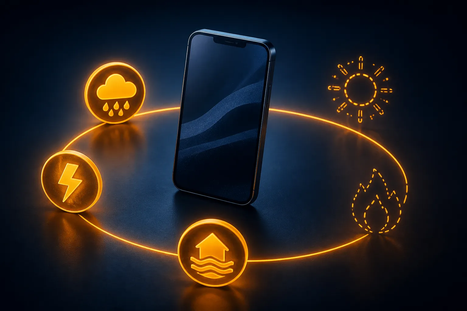 Smartphone alert ring showing heat and wildfire icons outside default alert coverage