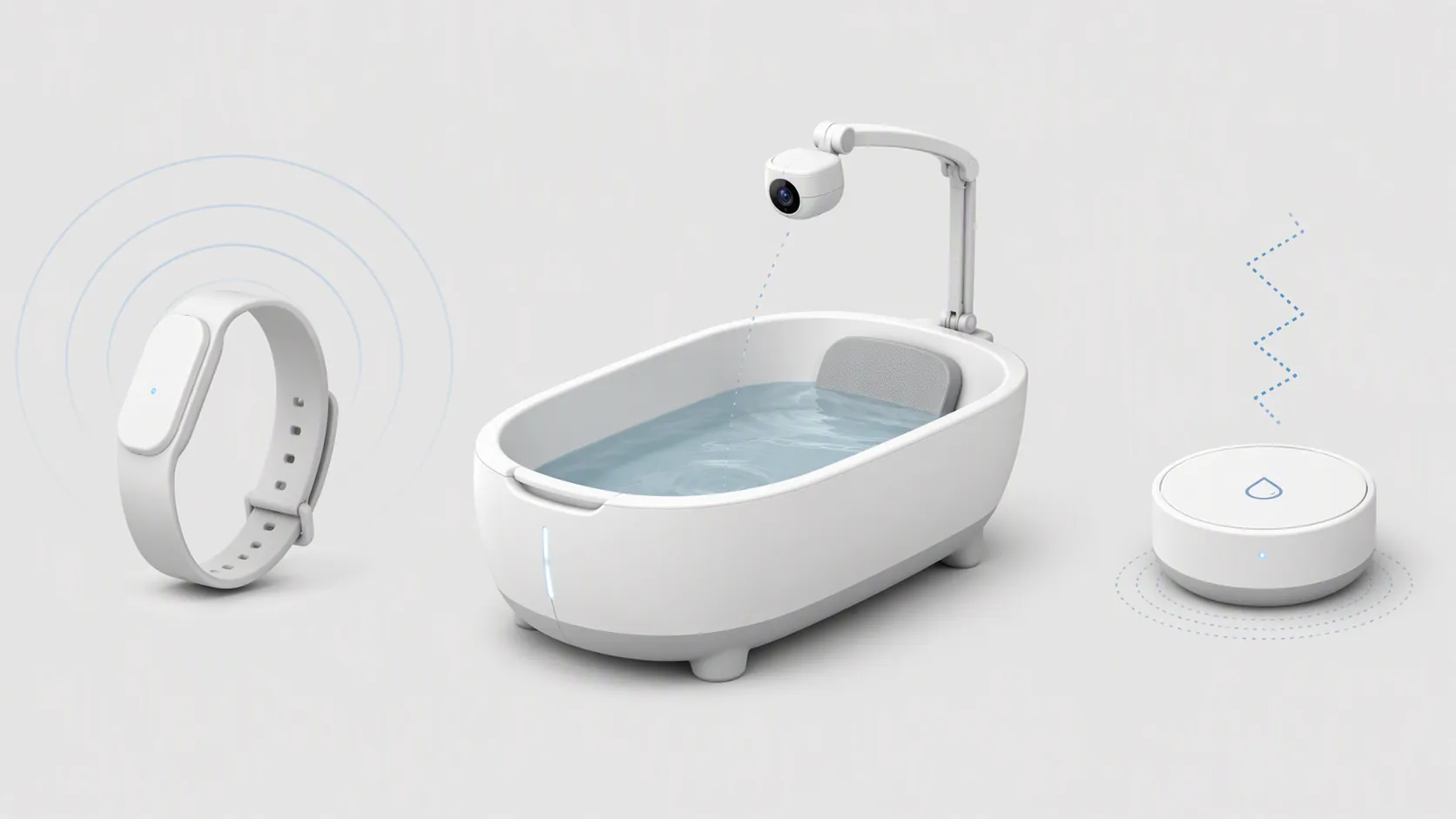 Three baby water-safety device archetypes: a Bluetooth wrist band, an AI tub concept, and a water-leak sensor puck