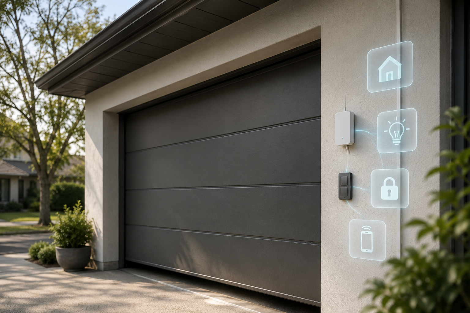 Residential garage door with smart home app icons near a wall switch and relay device