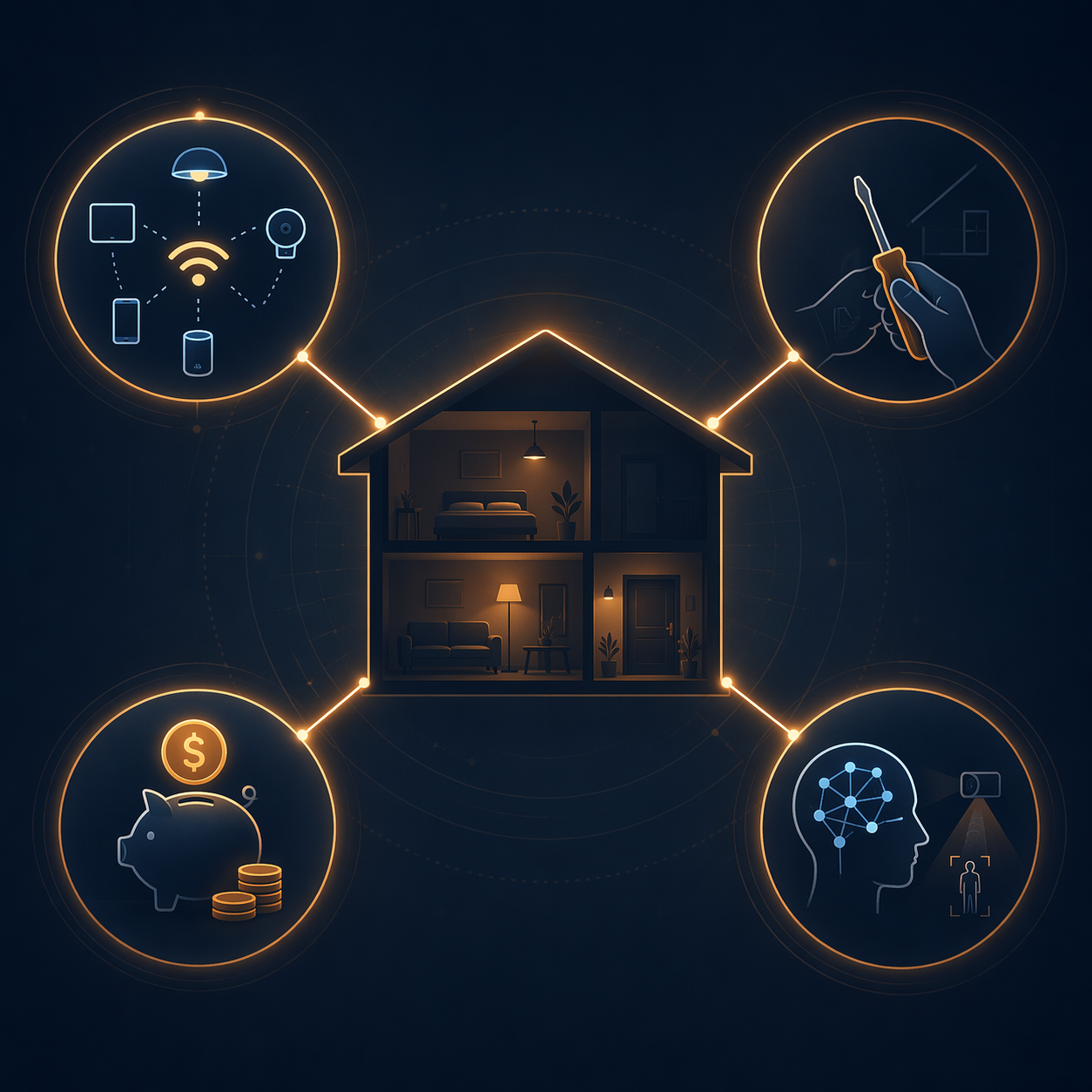 Abstract house surrounded by four decision axes for smart home security