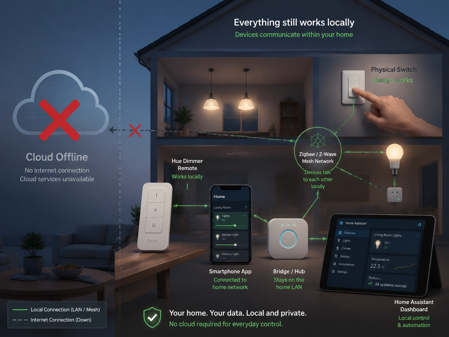 Local smart home control paths that can remain available during a cloud outage